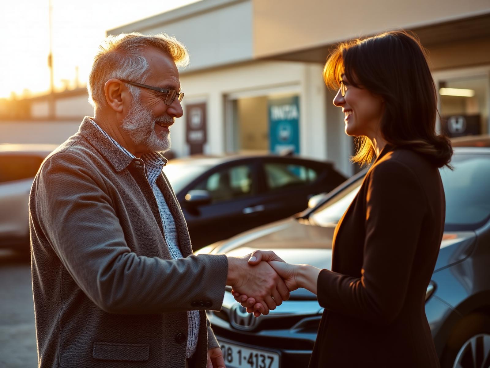 Tevreden koper schudt de hand met een autoverkoper bij zonsondergang